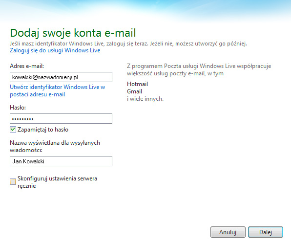 Windows Live Mail 2011 - konfiguracja konta pocztowego